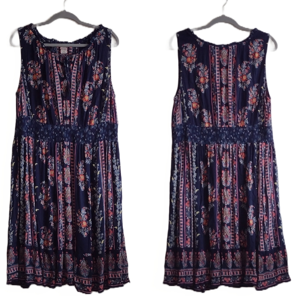 Bila Dress Womens L Blue Midi Floral Sleeveless Hippie Boho Artsy Festival Indie